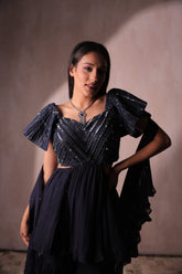 Midnight Blue Sequin Peplum Kurta & Ruffle Sharara Set | Statement Party Wear